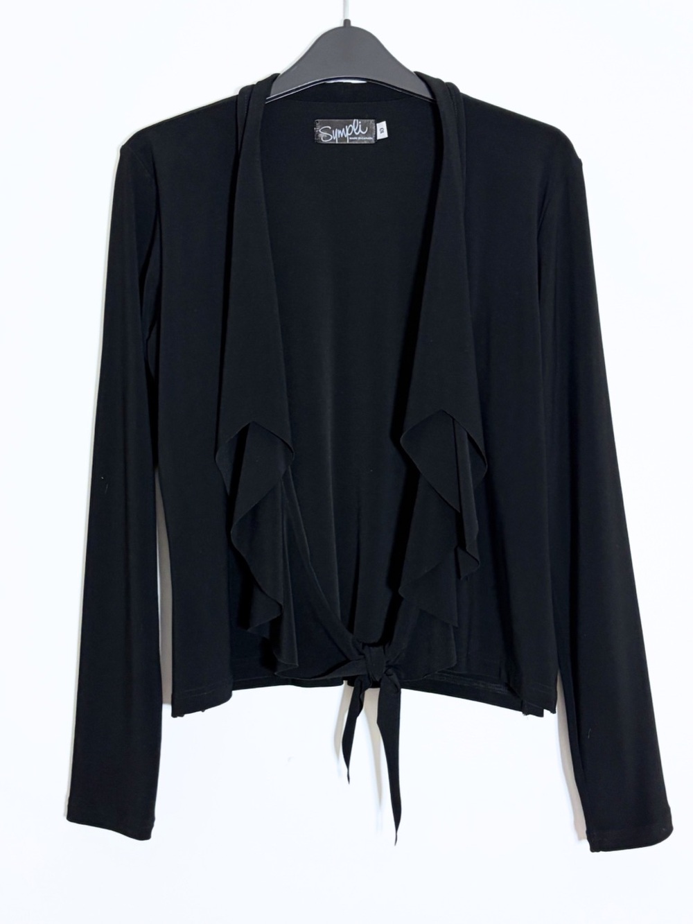 Simpli Black Tie-Front Ruffle Cardigan